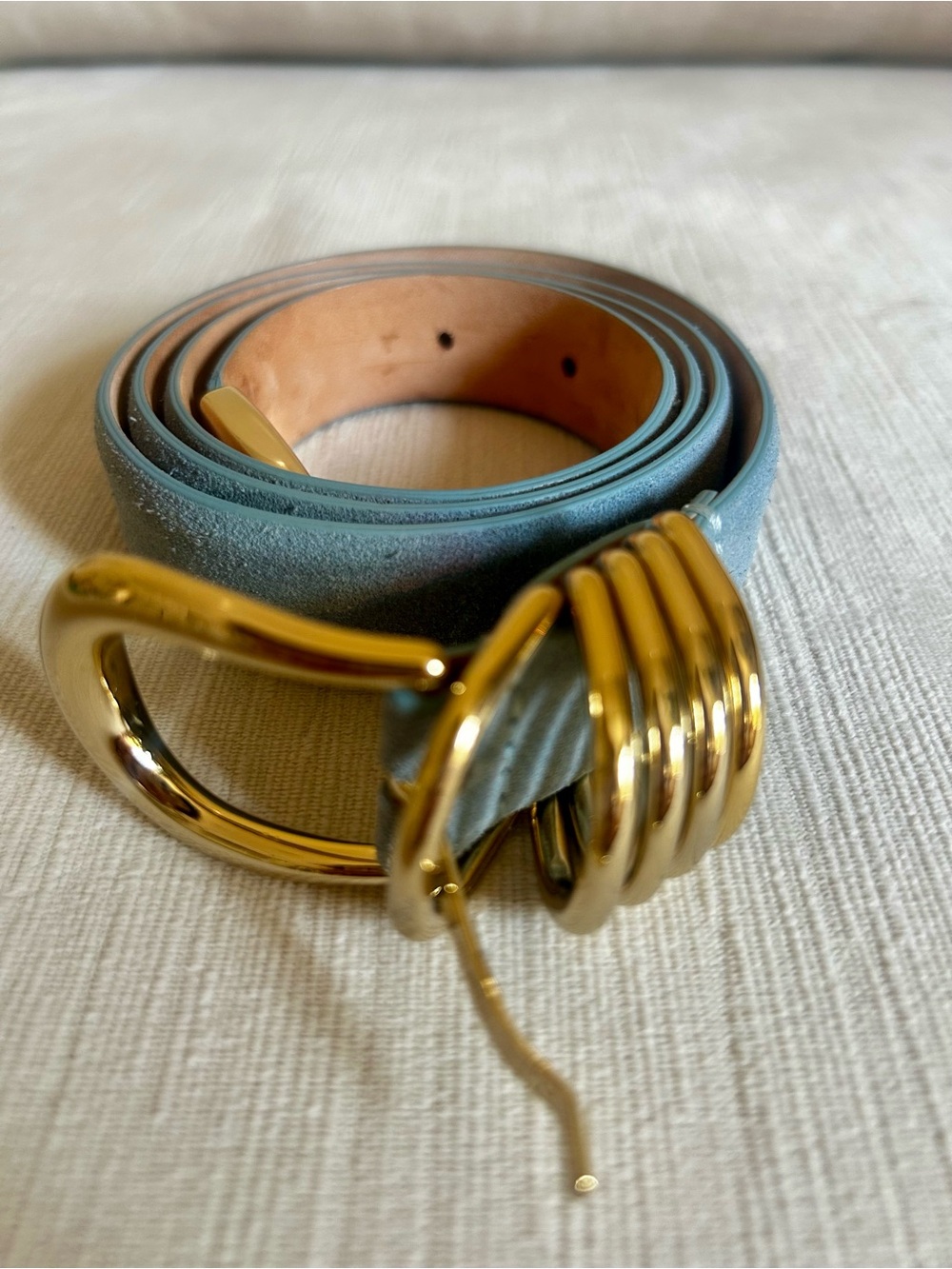DÉHANCHE EUC Hollyhock Blue Suede Leather Belt 24K Gold Multi-Ring Buckle - Picture 3 of 8